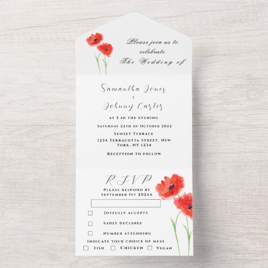 レッドポピズワイルドフラワーウォーターの色結婚フローラ オールインワン招待状 (内側)