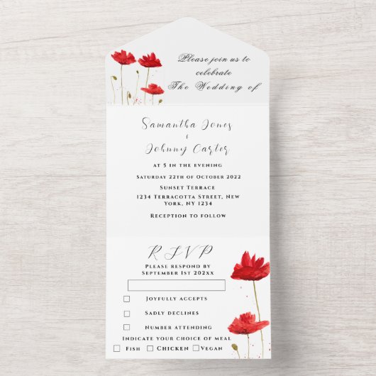 レッドポピズワイルドフラワーウォーターの色結婚フローラ オールインワン招待状 (内側)