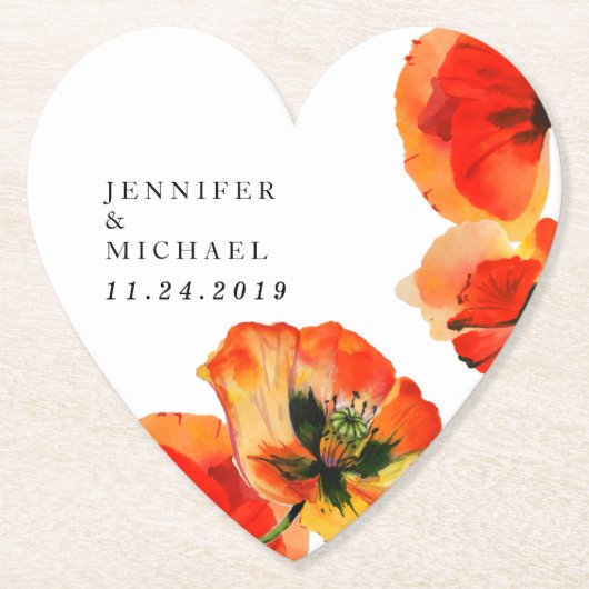 レッドポピーイラストレーションフローラ結婚アート ペーパーコースター (正面)