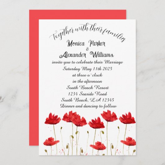 レッドポピーエレガントズミニマルフローラ結婚ズ 招待状 (正面/裏面)