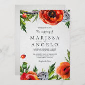 レッドポピーズウォーターカラーフローラ結婚式招待状 招待状 (正面/裏面)