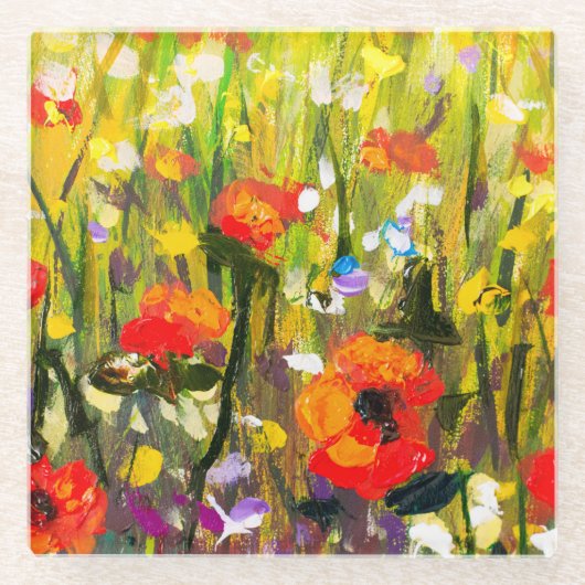 レッドポピーズフィールド絵画抽象芸術 ガラスコースター (正面)