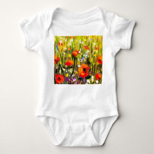 レッドポピーズフィールド絵画抽象芸術 ベビーボディスーツ (正面)