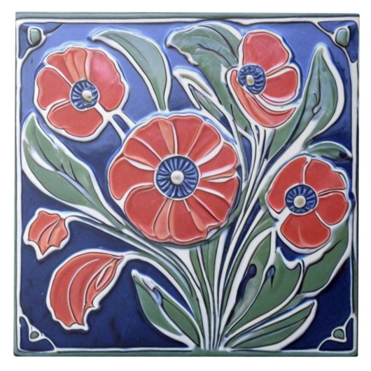 レッドポピーズポピーフラワーアールデコ新しいフォークアート タイル (正面)