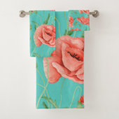 レッドポピーティール(緑がかった色)ウォーターカラーシック バスタオルセット (インサイチュ)