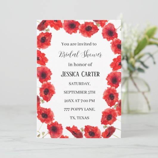 レッドポピーフローラウォーターカラーボホブライダルシャワー 招待状 (スタンド正面)