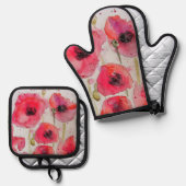レッドポピーフローラフラワーパターン紙パーティープレート 鍋つかみ&鍋敷きセット (正面/裏面)