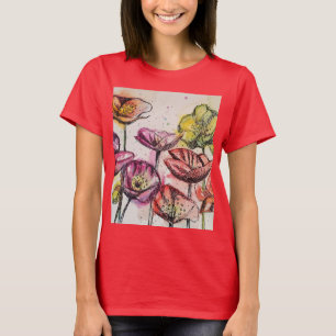 レッドポピーフローラ水彩アートフラワーパターン Tシャツ
