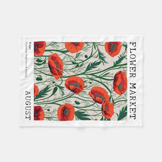 レッドポピー威厳がある誕生フラワーマーケットグリーンフローラ フリースブランケット (正面(横))