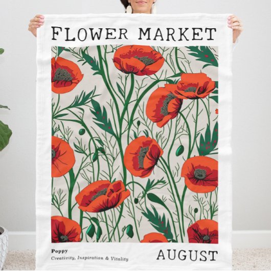 レッドポピー威厳がある誕生フラワーマーケットグリーンフローラ フリースブランケット