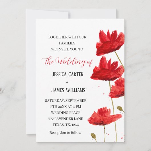 レッドポピー水の色エレガント素朴な結婚式 招待状 (正面)