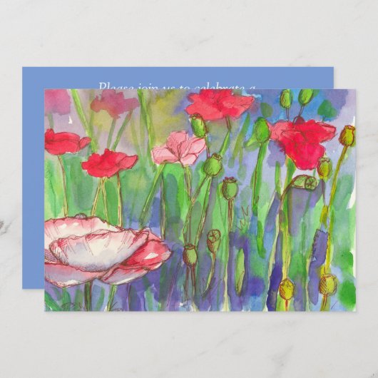 レッドポピー水彩花60th誕生日パーティー 招待状 (正面/裏面)