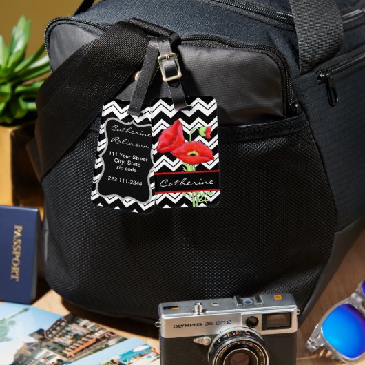 レッドポピー白黒ジザグシェブロンカスタム ラゲッジタグ (正面&裏面)