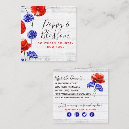 レッドポピー&コーンフラワー素朴ウッドのソーシャルメディア スクエア名刺 (正面/裏面)