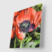 レッドポピー&スタメンフラワーフローラフォトクロック スクエア壁時計 (傾斜)