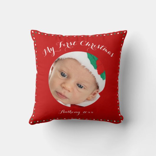 レッドマイパーソナライズされた初めてのクリスマス枕 クッション (裏面)