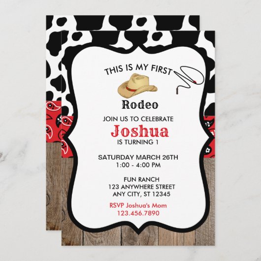 レッドマイファーストロデオカウボーイウェスタン誕生日 招待状 (正面/裏面)