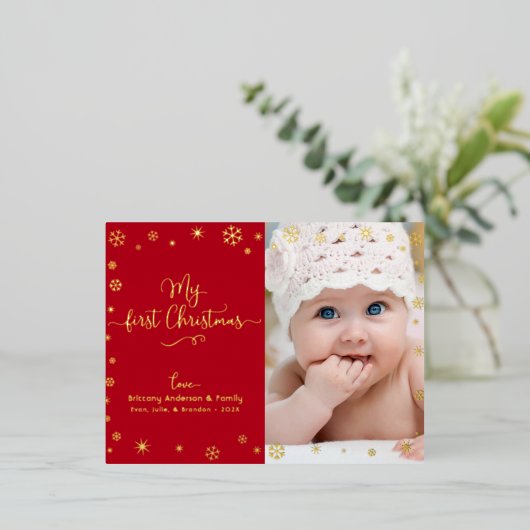 レッドマイ初めてのクリスマスベビーフォトスノーフレーク金ゴールド 箔シーズンポストカード (立ち正面)