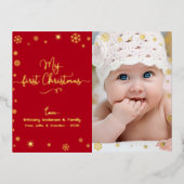 レッドマイ初めてのクリスマスベビーフォトスノーフレーク金ゴールド 箔シーズンポストカード (正面)