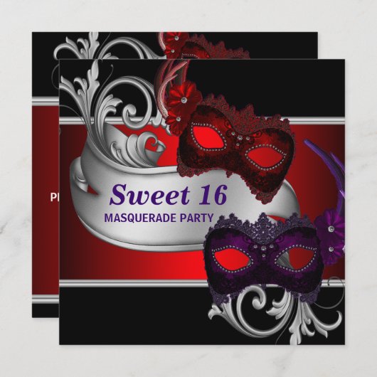 レッドマスクスウィート16マスカレードパーティー 招待状 (正面/裏面)