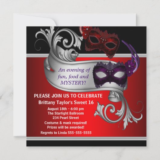 レッドマスクスウィート16マスカレードパーティー 招待状 (裏面)