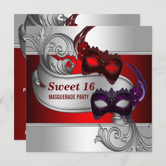 レッドマスクスウィート16マスカレードパーティー 招待状 (正面/裏面)