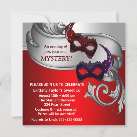 レッドマスクスウィート16マスカレードパーティー 招待状 (裏面)