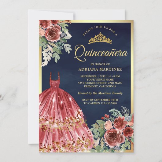 レッドマルサラフローラドレスネイビー金ゴールドキンセアニェラ 招待状 (正面)
