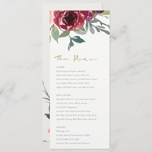 レッドマルサラ赤面バラ水彩フローラ結婚ズ メニュー (正面/裏面)