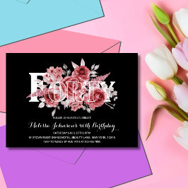 レッドマルーングリーンリーフローラ40thブラック誕生日 招待状