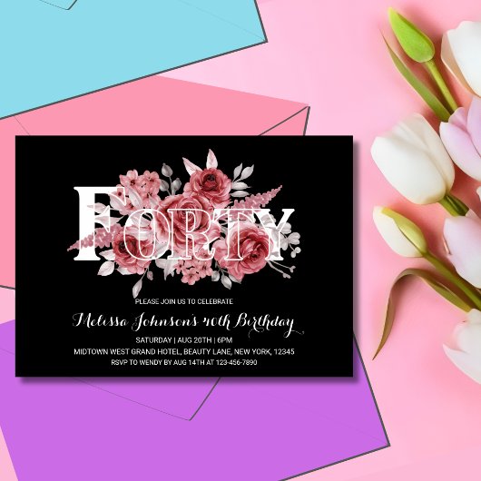 レッドマルーングリーンリーフローラ40thブラック誕生日 招待状