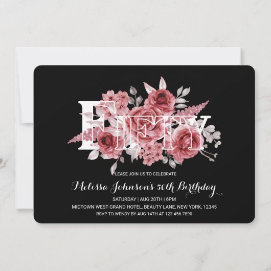 レッドマルーングリーンリーフローラ50thブラック誕生日 招待状 (正面)