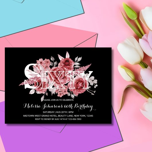 レッドマルーングリーンリーフローラ60thブラック誕生日 招待状