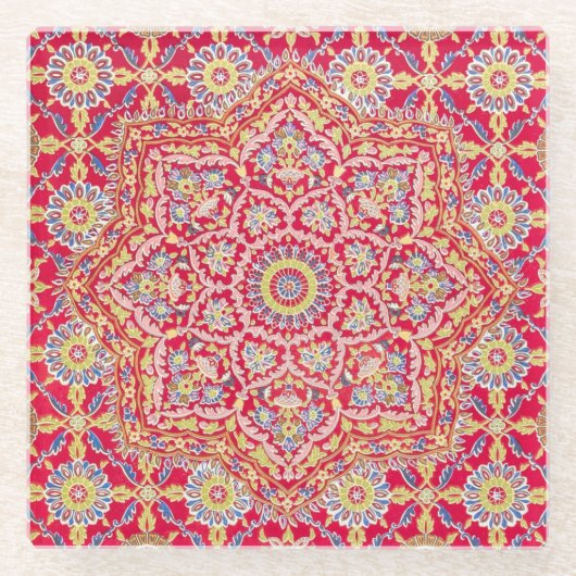 レッドマンダラヴィンテージインディアンアートボホビバレッジ ガラスコースター (正面)