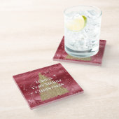 レッドマーブル金ゴールドグリッタークリスマスツリー ガラスコースター (アングル)