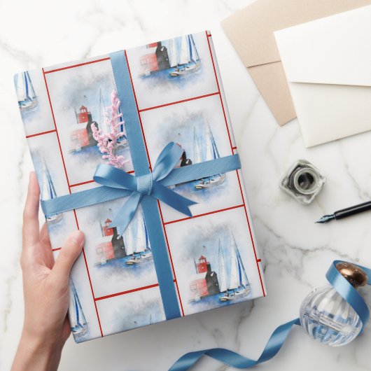 レッドミシガンライトハウスwithシルボート ラッピングペーパー (ギフト)