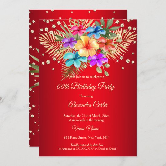 レッドミックスドカラーイエロー金ゴールドパームフローラ誕生日 招待状 (正面/裏面)