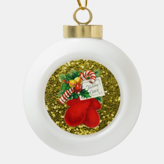 レッドミッテンスキャンディーケーン金ゴールドフェイクグリッター セラミックボールオーナメント (正面)