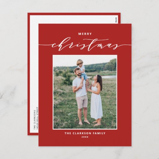 レッドミッモダンクスタイポグラフィメリークリスマスフォト シーズンポストカード (正面/裏面)