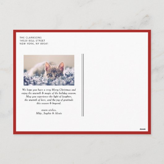 レッドミッモダンクスタイポグラフィメリークリスマスフォト シーズンポストカード (裏面)