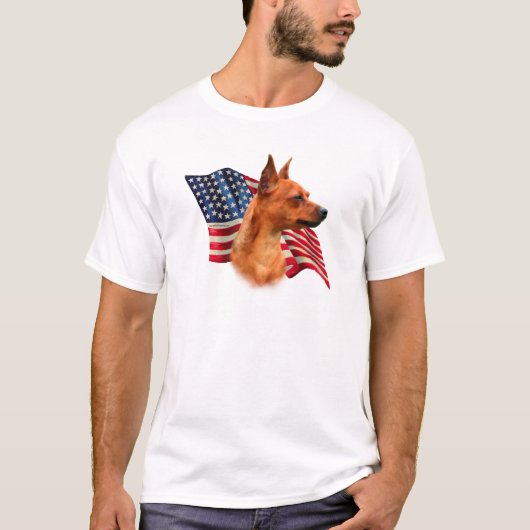 レッドミニチュアピンシャー米国国旗;最小ピン国旗 Tシャツ (正面)