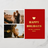 レッドミニマリストハッピーホリデー2写真クリスマス 箔シーズンカード (正面)