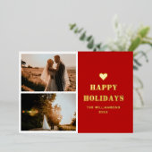 レッドミニマリストハッピーホリデー2写真クリスマス 箔シーズンカード (立ち正面)