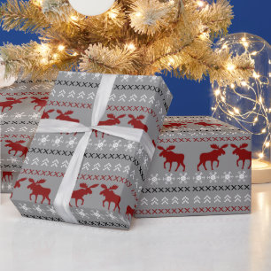 レッドムースクリスマスセータースタイルホリデイパターン ラッピングペーパー