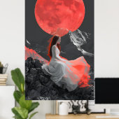 レッドムーンデジタルアートの下の崖の上の穏やかな女性 ポスター (ホームオフィス)