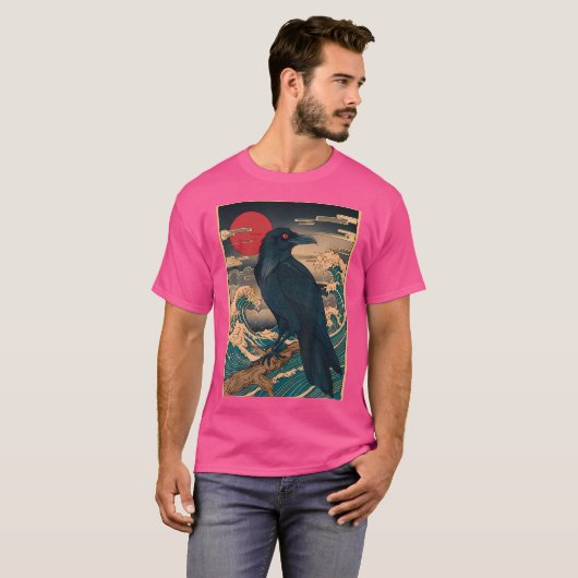 レッドムーンレイブン日本の-スタイルヴィンテージブラッククロウ Tシャツ (正面フル)