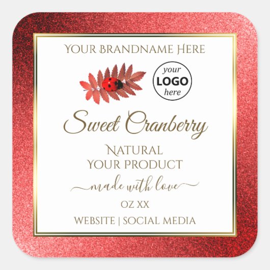 レッドメタリックグリッターホワイトプロダクトラベル追加ロゴ スクエアシール (正面)