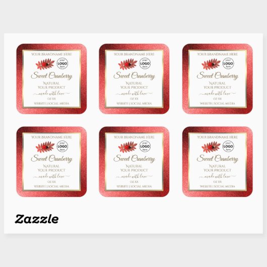 レッドメタリックグリッターホワイトプロダクトラベル追加ロゴ スクエアシール (シート)