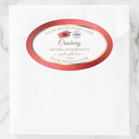 レッドメタリックグリッターホワイトプロダクトラベル追加ロゴ 楕円形シール (バッグ)