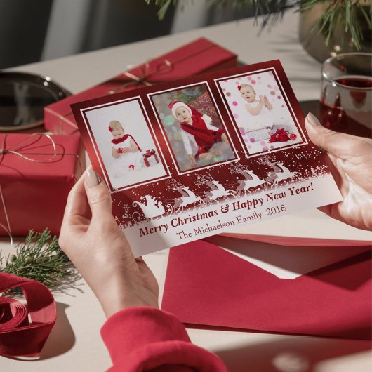レッドメタリックサンタスノーフォトクリスマスカード シーズンカード